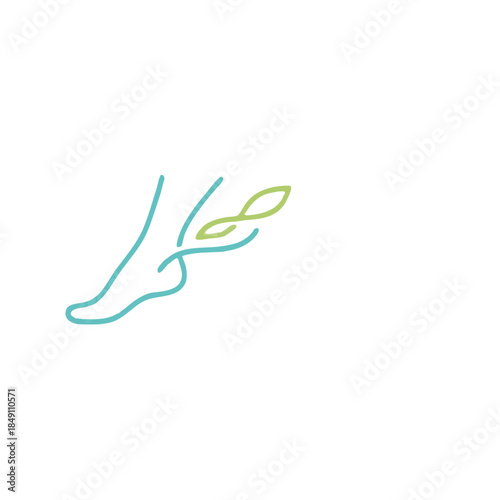 Minimalist line art logo of human foot with green leaf accent, teal and light green outline symbolizing natural rehabilitation and movement on white background