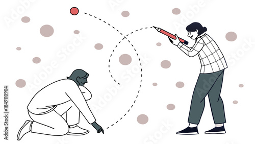 Two people connecting dots with giant pencil on path line art, A flat line art illustration showing two people collaborating to connect scattered dots with a dashed line using a giant pencil,