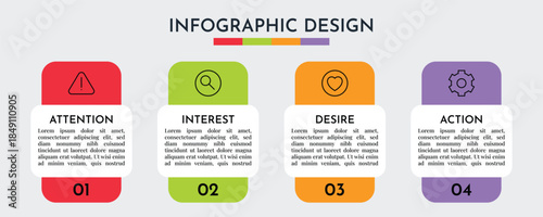 AIDA Model Vertical Badge Infographic Demonstrating Attention Interest Desire Action Marketing Concept Flat Vector Illustration