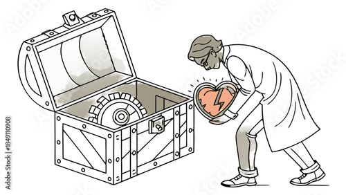 Scientist holding broken heart near open chest filled with gears line art, A line art sketch depicting a scientist in a lab coat holding a broken heart, looking into an open wooden chest filled 