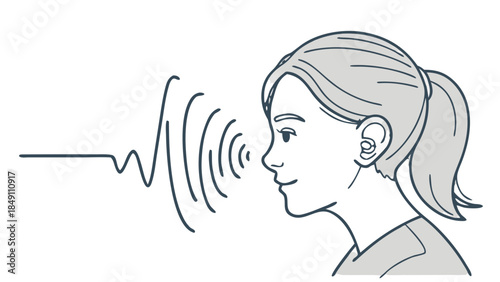 Line art profile of girl listening with earbud and sound waves, A minimalist line art illustration showing the profile of a young woman wearing an earbud, with sound waves approaching her ear,