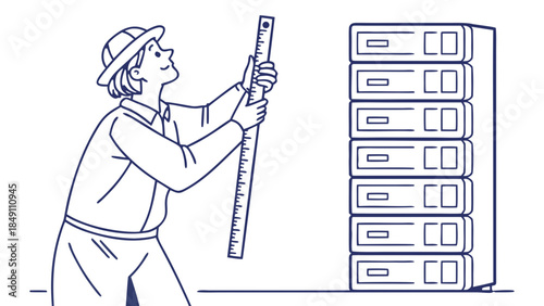 IT Technician Measuring Server Rack Line Art Illustration, A blue line art illustration of an IT technician wearing a hard hat, using a long ruler to measure a large server rack unit.