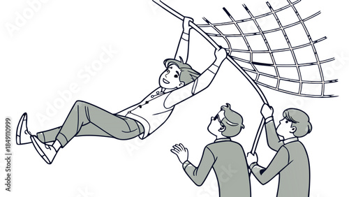 Teamwork Safety Net and Trust Concept Line Art Illustration, A line art illustration showing two people holding a safety net for a third person swinging towards them on a rope, symbolizing teamwork, 