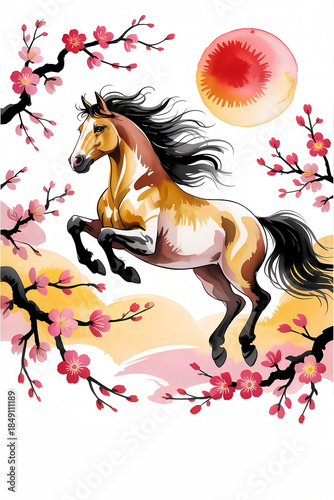 year of the horse chinese new year illustration with blossoms and watercolor style