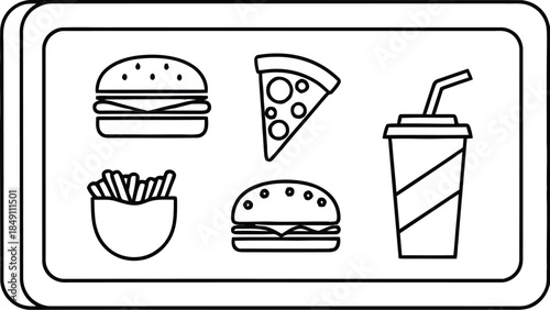 Simple black and white line art icons representing a fast food meal tray with burgers fries pizza and a soda drink