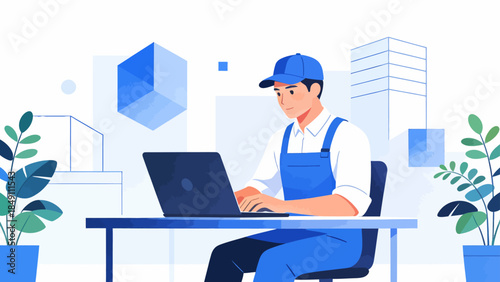 Man in blue overalls working on laptop