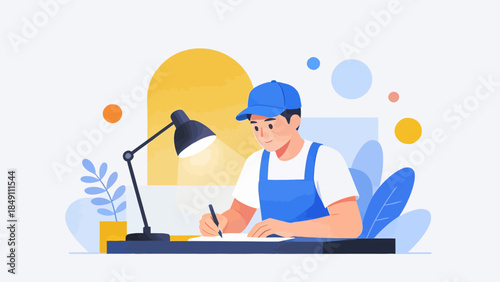 Man in blue overalls writing at desk