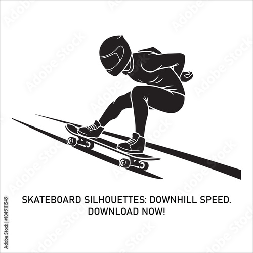 Dynamic silhouette of a skateboarder carving downhill at high speed, ready for action isolated on white background, Vector