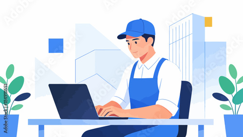 Man in blue overalls working on laptop