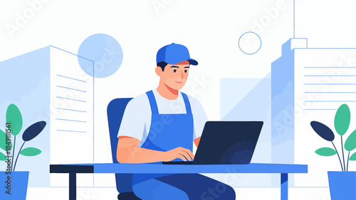 Man in blue apron working on laptop