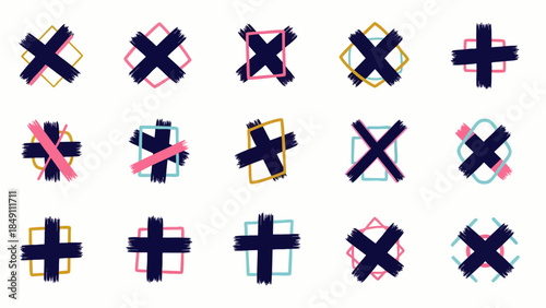 Collection of Abstract Cross Marks and X Symbols with Decorative Borders and Tape, Isolated on White Background