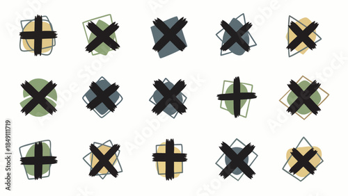 Set of 15 hand-drawn abstract crosses with colorful shapes, representing rejection or cancellation in a graphic design style