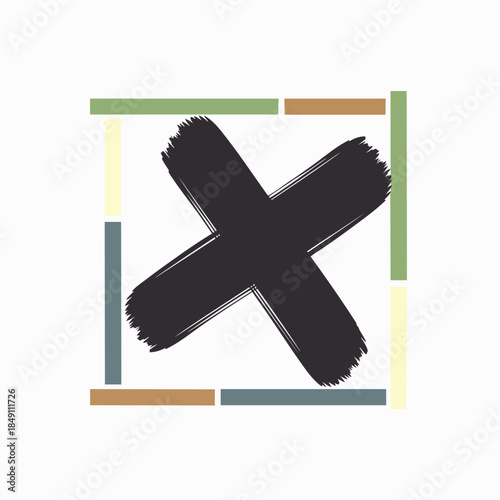 Abstract dark cross symbol inside a square frame with colorful border, graphic design element for rejection, error, or incorrect answer