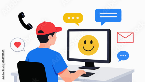 Person using computer with smiley face