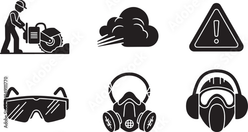 Black Solid Concrete Cutting and Safety Silhouettes Set of Six on White Background