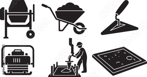 Black Solid Construction Concrete and Masonry Work Silhouettes Set of Six