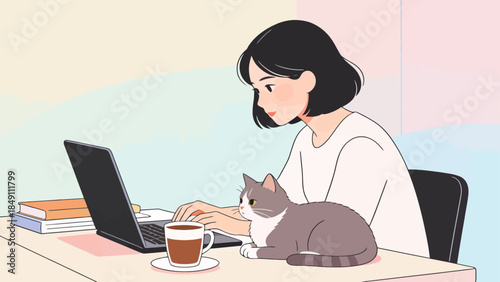 Woman working with cat on desk