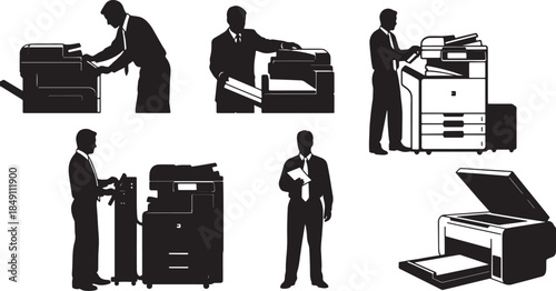 Black Solid Copier Printer Use Silhouettes Set of Six on White Background