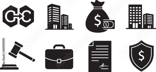 Black Solid Corporate Acquisition Buyout Silhouettes Set of Six on White Background