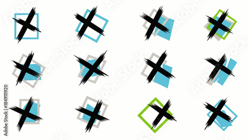 Abstract X marks pattern with geometric squares and diamonds in blue, grey, and green. Modern graphic design elements for backgrounds and symbols.