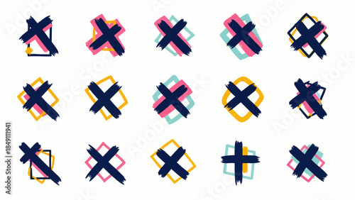 Vibrant collection of abstract 'X' symbols with artistic brushstroke shapes. Modern graphic design elements for error, delete, close, or incorrect indicators. Hand-drawn style.