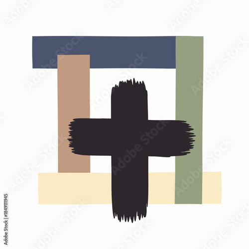 Modern abstract brushstroke cross art with muted color blocks. Contemporary religious symbol illustration for spirituality and faith concepts.