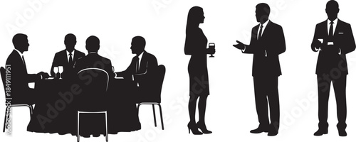 Black Solid Corporate Dinner Banquet Silhouettes Set of Six on White Background