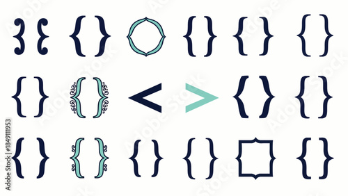 Stylized collection of various brackets, parentheses, and programming symbols, featuring angle brackets and comparison operators for modern design and coding.