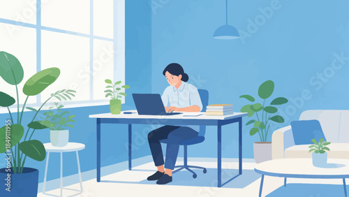 Person working on laptop in a bright room