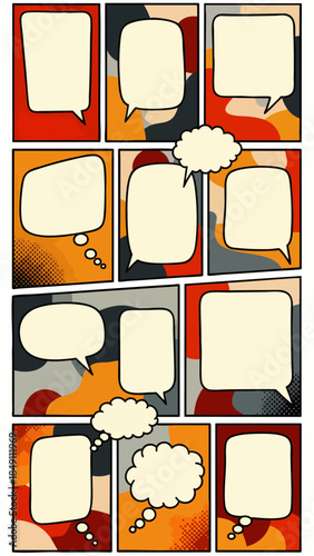 Comic Book Panel Layout with Empty Speech Bubbles and Thought Clouds in Retro Style