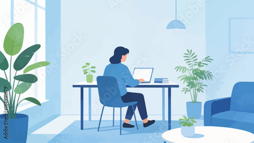 Person working on laptop in a bright room