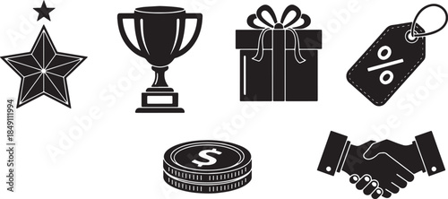 Black Solid Credit Card Rewards Loyalty Silhouettes Set of Six on White Background