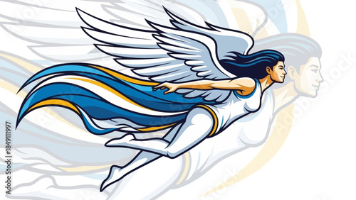 Woman with blue hair and white wings flying freely through the air