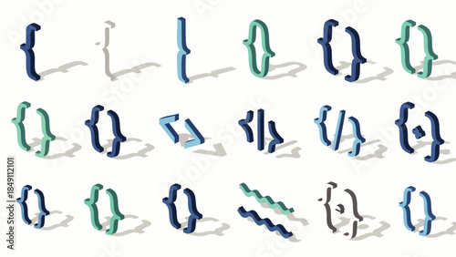Abstract 3D rendered curly braces and brackets in various colors and orientations, representing coding and programming concepts.