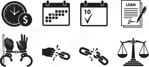 Black Solid Debt Time Management Icon Silhouettes Set of Six on White Background