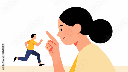 woman pointing at running man