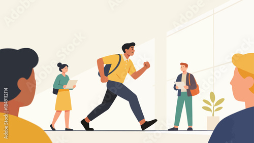 People walking in a hallway