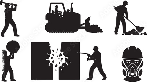 Black Solid Demolition and Cleanup Worker Action Silhouettes Set of Six