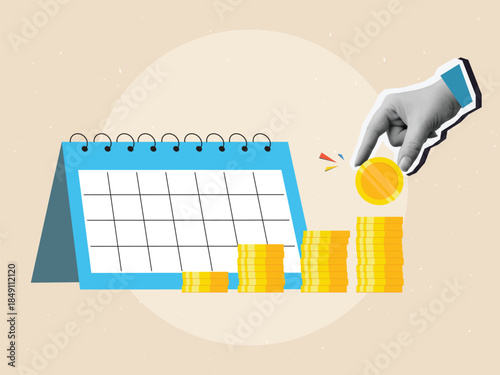 A hand places a golden coin on top of a stack near a paper planner. Budgeting and Investment Planning Concept. Modern collage style. Vector illustration