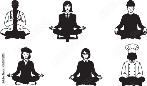 Black Solid Desk Meditation Mindful Silhouettes Set of Six on White Background