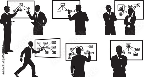 Black Solid Diagram Flowchart Silhouettes Set of Six on White Background