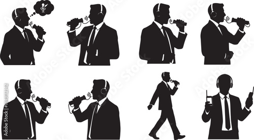 Black Solid Dictation Voice Recorder Silhouettes Set of Six on White Background