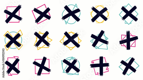 Collection of Hand Drawn Black Cross Marks with Colorful Geometric Shapes and Lines on White Background