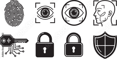 Black Solid Digital Identity Biometric Security Silhouettes Set of Six on White Background
