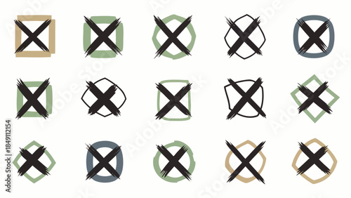 Collection of Hand-Drawn 'X' Marks in Various Geometric Shapes and Colors