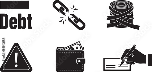 Black Solid Financial Trouble Debt Icon Silhouettes Set of Six on White Background