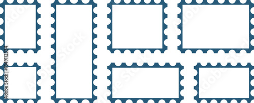 Postage stamp set. Mockup postage stamps. Blank postage stamps. Set of blue postage stamps. Blank stamps for send envelope or letter.