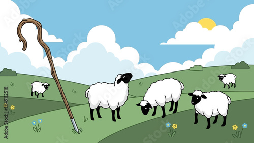 Sheep grazing peacefully in a green meadow with shepherd's crook