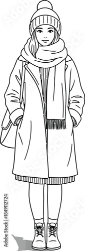 Minimalist black and white line art drawing of a stylish young woman dressed warmly in winter fashion accessories like a beanie and scarf
