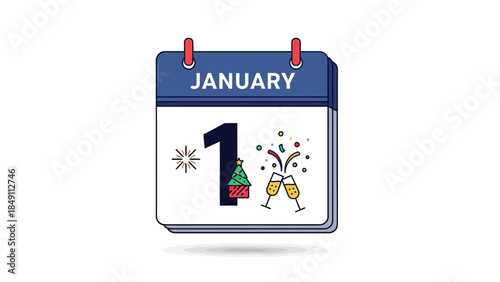 January 1st calendar page with festive New Year's Eve celebration elements, isolated on white background.